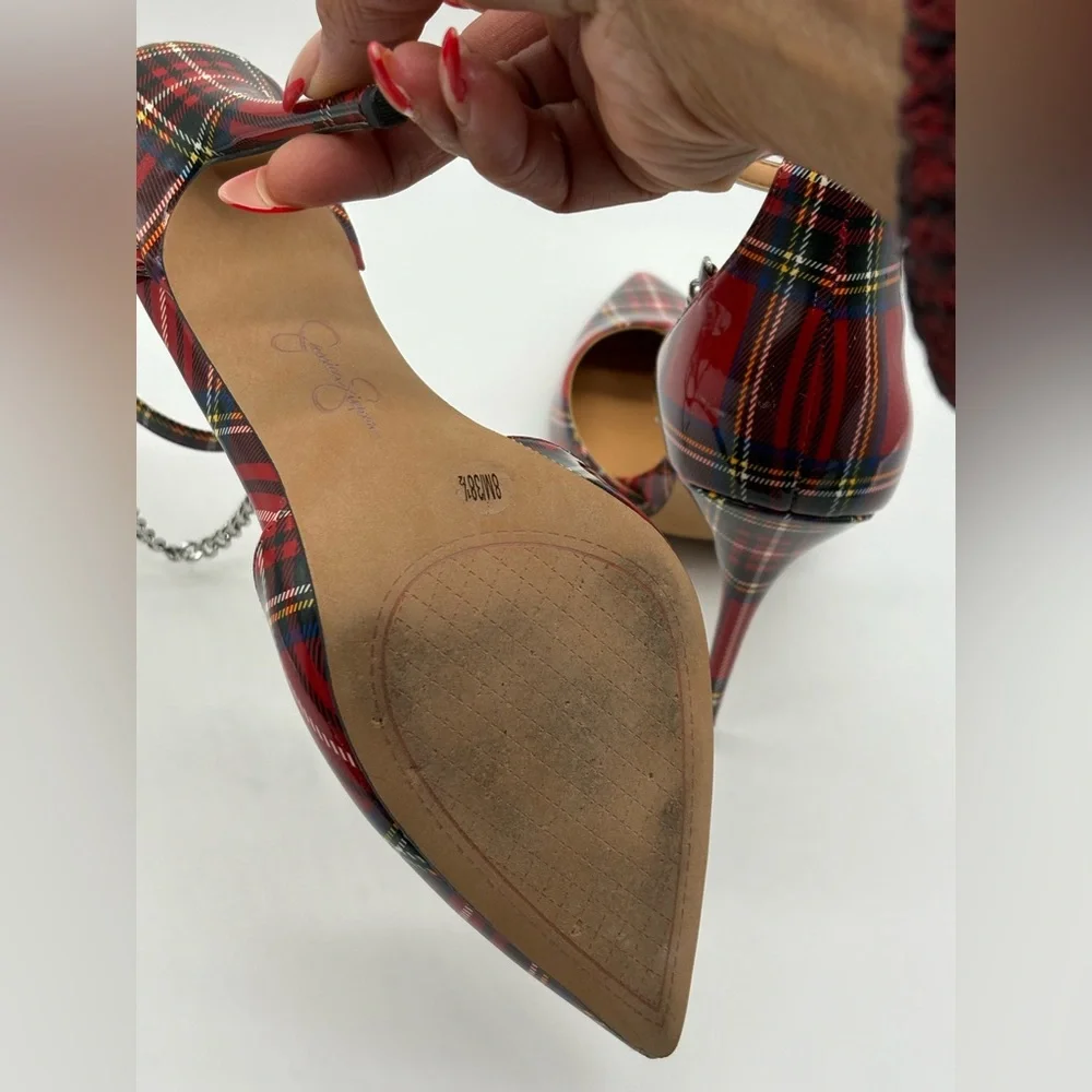 Jessica Simpson Red Plaid Heels with Chain Detail - Picture 7 of 7